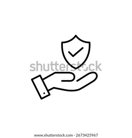 Hand, shield and checkmark. Secure assistance, hands-on protection, reliable help, validated service. Pixel perfect, editable stroke vector icon
