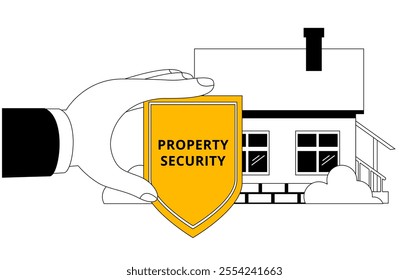 Hand with shield protects real estate. Home protection and safety. Vector illustration on the topic of protection and insurance of residential real estate.