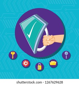 hand with shield and set icons cyber security