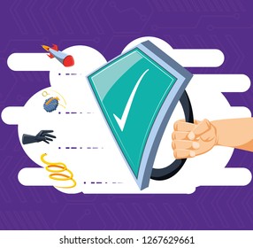 hand with shield and set icons cyber security