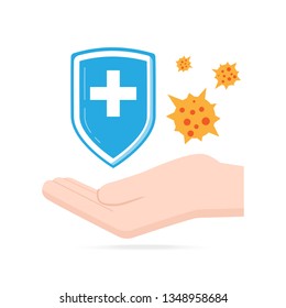 Hand and shield using antibacterial, virus icon, medical illustration