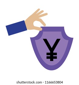 hand with shield and yen symbol isolated icon