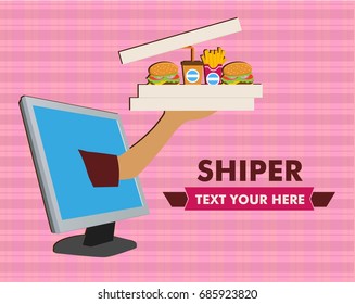 Hand shipping banner computer fast food icons ornament 