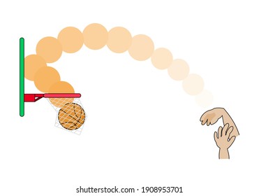 hand shoots the ball into the hoop by hitting the backboard isolated on white background, basketball vector design illustration.