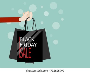 hand with shopping bag in black friday sale flat design vector illustration