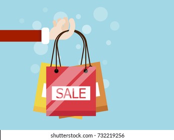 hand with shopping bag flat design vector illustration