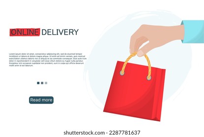 A hand with shopping bag, online delivery concept, purchase online, e-commerce concept, flat vector illustration