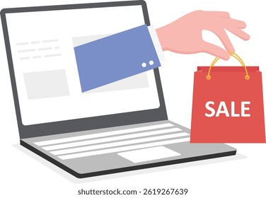 Hand with shopping bag sticking out from monitor, E-Commerce, Online shopping Concept,

