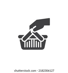 Hand and shopping basket vector icon. filled flat sign for mobile concept and web design. Supermarket delivery service glyph icon. Symbol, logo illustration. Vector graphics