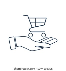 Hand and shopping cart. Vector linear icon isolated on white background.