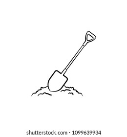 Hand shovel in soil hand drawn outline doodle icon. Shovel for digging as mining industry concept vector sketch illustration for print, web, mobile and infographics isolated on white background.