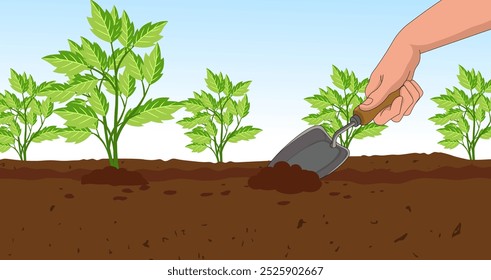 Hand mit Schaufel Vektor, Gartenpflanzen Bepflanzung Hintergrund Illustration