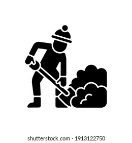 Hand shoveling black glyph icon. Removing huge amounts of snow with shovel. Hard work in winter. Cleaning area around your house. Silhouette symbol on white space. Vector isolated illustration