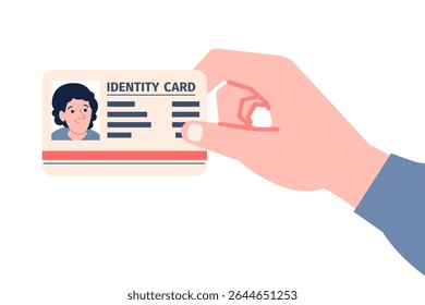 Hand show id card. Person hold personal document for pass border control, office or work entry, identification. Passport, documents, recent vector element