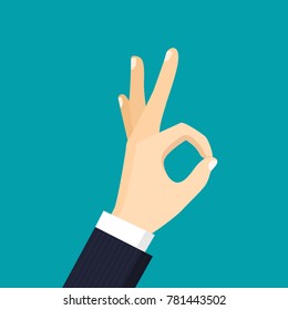 Hand show Ok sign. Vector flat style illustration