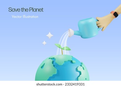 Agua de mano en una planta pequeña en el mundo. Medio ambiente sostenible, salvar el planeta y el concepto del día de la Tierra. Vector 3D.