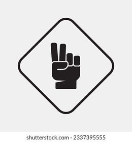 Hand showing 2 finger gesture icon in black on white square. finger pointing up in square. Symbol of communication design illustration