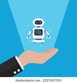 Hand is showing android bot. Cyborg Technology and Futuristic Intelligence Machine.