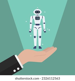 Hand is showing android robot. Cyborg Technology and Futuristic Intelligence Machine.
