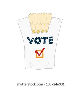 A hand is showing a ballot paper calling for being politically active and voting in US elections.