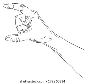 Hand showing big value, or use it to put some object between the fingers, detailed black and white lines vector illustration, hand drawn.