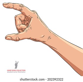 Hand showing big value, or use it to put some object between the fingers, detailed vector illustration.