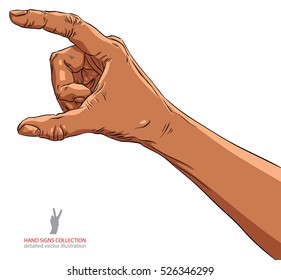 Hand showing big value, or use it to put some object between the fingers, African ethnicity, detailed vector illustration.