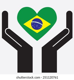 Hand showing Brazil flag in a heart shape. Vector illustration.