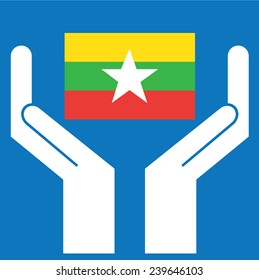 Hand showing Burma Flag. Vector illustration. 