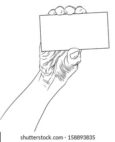 Hand showing business card, detailed black and white lines vector illustration, hand drawn.
