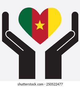 Hand showing Cameroon flag in a heart shape. Vector illustration. 
