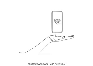 A hand showing a cellphone with an Internet connection. International internet day one-line drawing