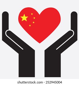 Hand showing China flag in a heart shape. Vector illustration.