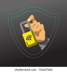 Hand showing closed lock. Hacker attack vector illustration