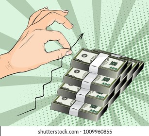 Hand showing financial growth, symbol of wealth, business development and accumulation of money. Pop art style