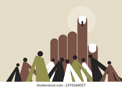 Hand showing finger with an electoral stain is surrounded by citizens