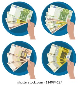 Hand showing five  50, 100 y 200 euro bills