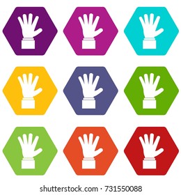 Hand showing five fingers icon set many color hexahedron isolated on white vector illustration
