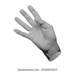 Hand showing four fingers, isolated on white background. Counting or signaling the number four. Halftone dotted retro style vector