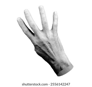 Hand showing four fingers, isolated on white background. Counting or signaling the number 4. Halftone dotted retro style vector