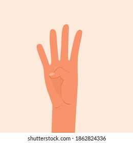 Hand showing four fingers vector illustration. Shows the number four with the fingers of the hand. Woman or man hand isolated white background. Four fingers raised up, inside of the hand, flat design
