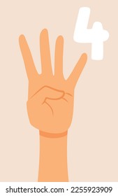 
Hand Showing Four Fingers Vector Cartoon Illustration. Person raising fingers to indicate fourth place position 
