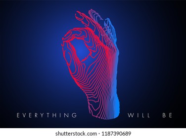 Hand is showing a gesture Okay, ok. Vector drawn by color lines.  Creative line-art vector. Template brochures, flyers, presentations, logo, print,