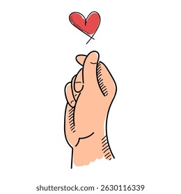 Hand showing heart gesture vector isolated. Hand-drawn illustration of fingers showing cute symbol, love emotion. Doodle palm of hand.