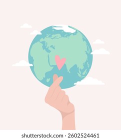 Hand showing heart sign with fingers with Earth globe on background. Flat vector illustration