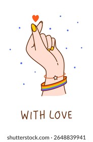 Mão mostrando sinal de coração com pulseira de cor bandeira LGBTQ isolado no branco - ilustração vetorial para cartaz feliz do mês do orgulho e cartão de saudação