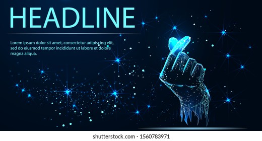 Hand showing heart symbol. Vector low poly wireframe. Love and heart concept. Korean love sign. Headline. Mixed media