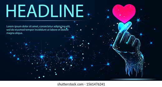 Hand showing heart symbol. Vector low poly wireframe. Love and heart concept. Korean love sign. Headline. Mixed media