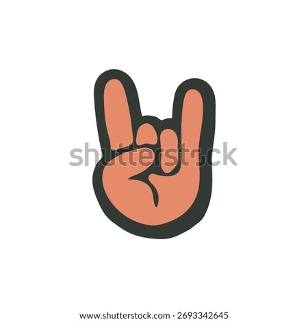 Hand showing the iconic rock and roll sign with index and pinky fingers extended, a stylized and slightly distressed retro vector illustration