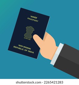 Hand showing Indian passport with indian emblem and inscription passport (flat design)